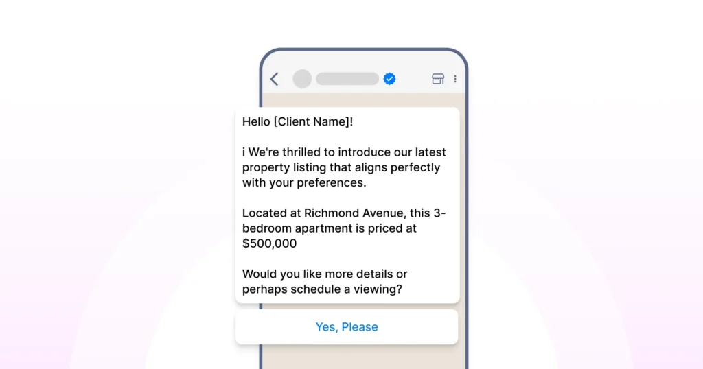 A WhatsApp message sharing detailed property information with a customer, including pricing, location, images, and key highlights