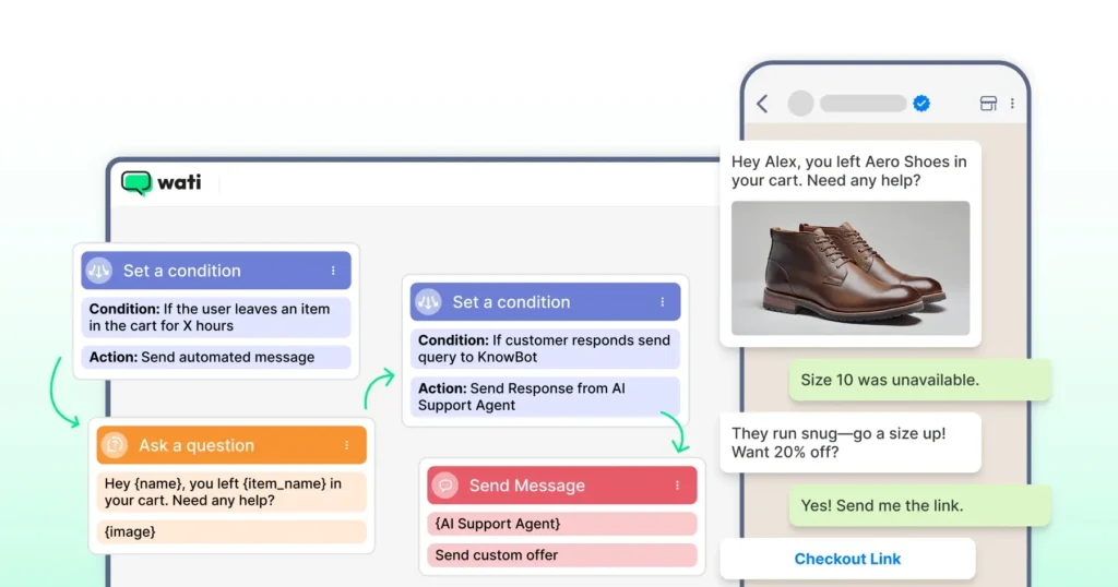 Configuring automated abandoned cart recovery messages using Wati’s WhatsApp automation dashboard.