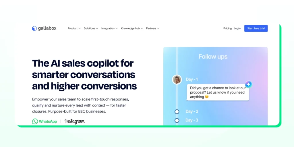Gallabox homepage featuring an AI Copilot that helps businesses automate lead capture, manage support workflows, and run WhatsApp marketing campaigns effortlessly.
