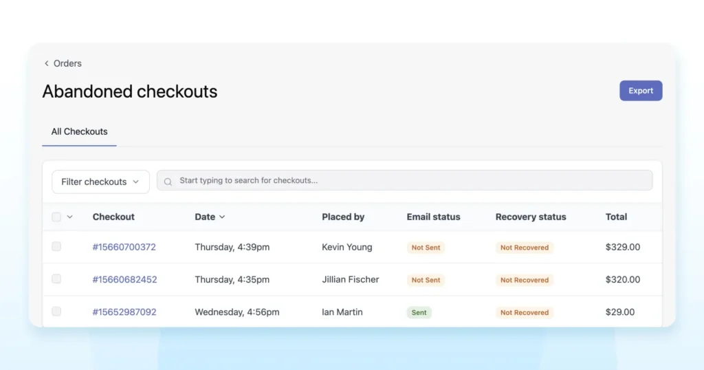Shopify abandoned checkouts dashboard displaying customer details, recovery status, and total order amount for each incomplete purchase.