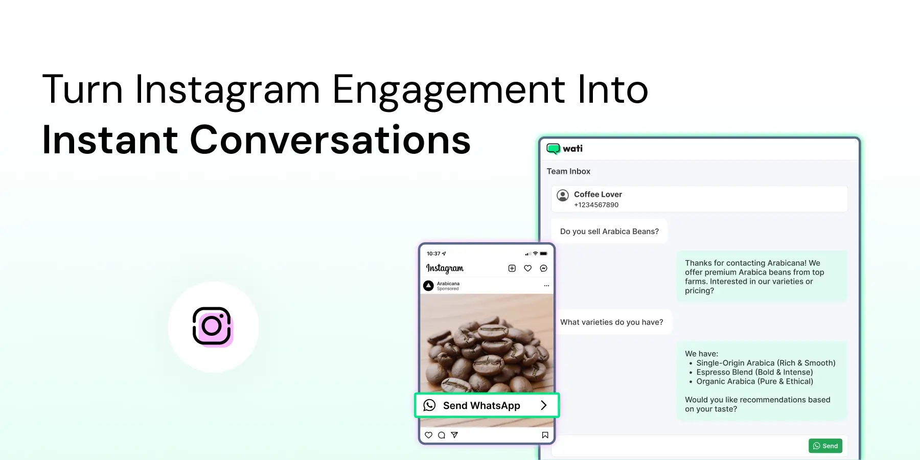 A visual showing an Instagram ad with a WhatsApp button leading to a Wati team inbox conversation about coffee product details.