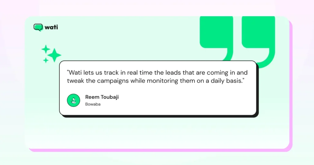 Bowaba's testimonial by Reem Toubaji for Wati highlighting its lead tracking and monitoring capabilities