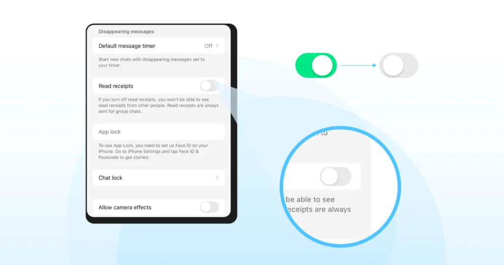 In the privacy section, toggle read receipts off with a single click.