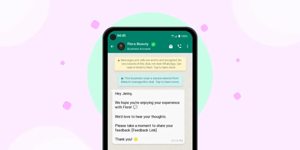 Customer feedback request sent on WhatsApp asking a user to share their experience through a feedback link.