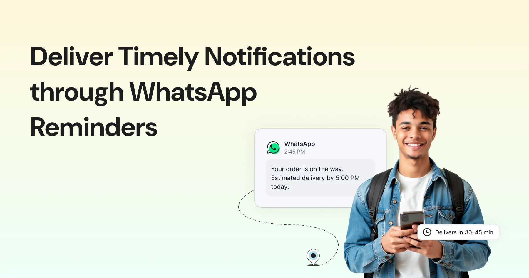 Banner showing a person holding a phone with WhatsApp chat displaying delivery updates.