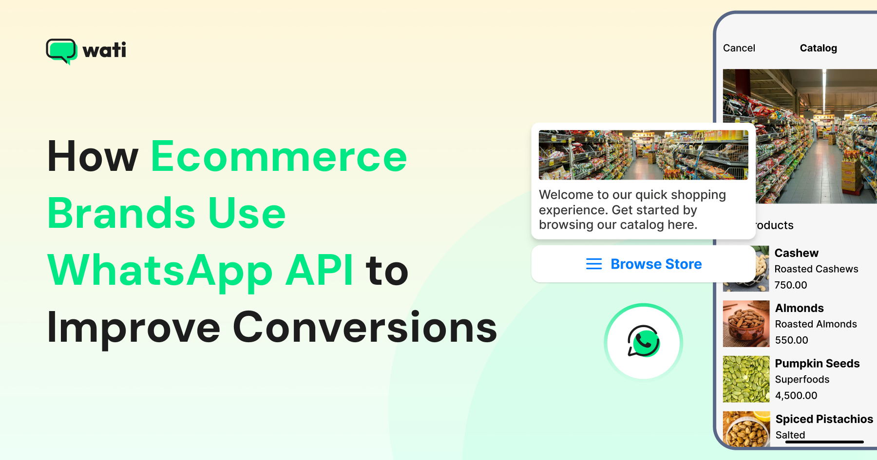 Illustration showing a mobile shopping catalog experience with products listed and a prompt to browse items inside a chat interface