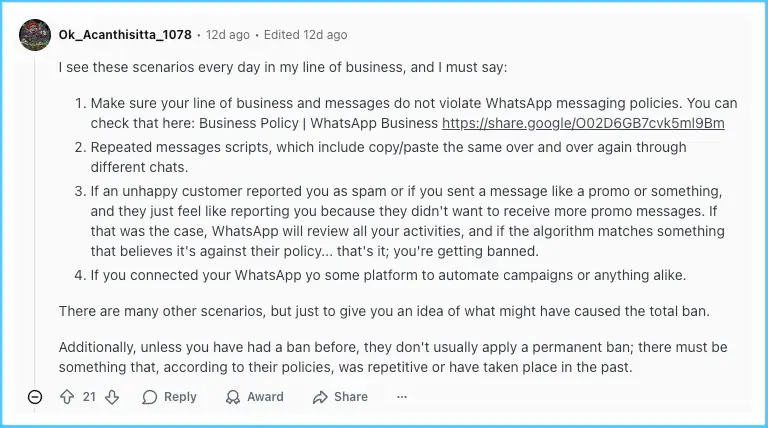 Screenshot of a reddit post outlining common WhatsApp Business policy violations and reasons for account bans.