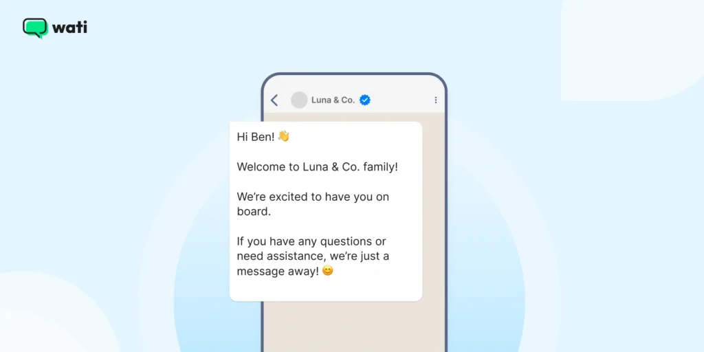 A ready-to-use WhatsApp Business message template showing an example of a welcome message that businesses can copy, edit, and send to customers
