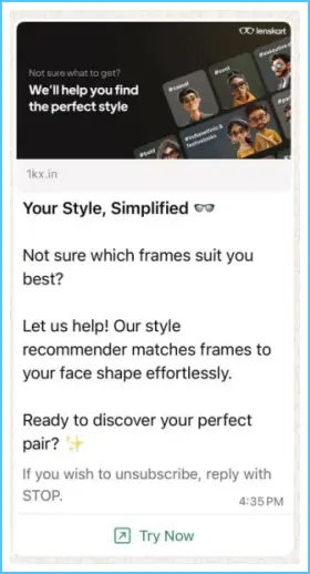 WhatsApp message example from Lenskart promoting a style recommender to help users find frames that match their face shape