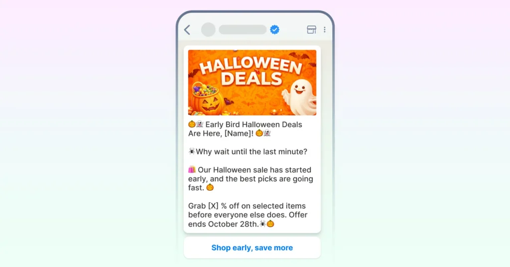 Early bird Halloween WhatsApp template message for brands