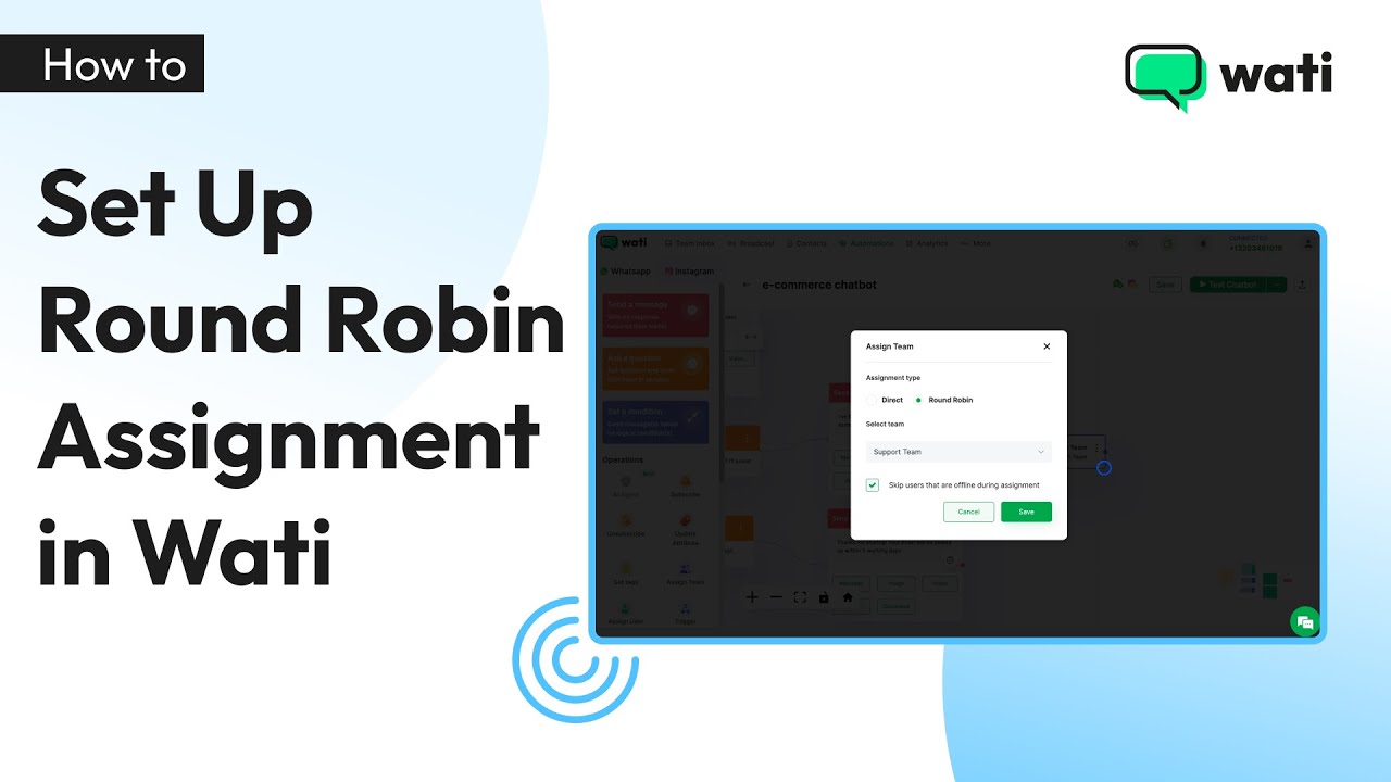 The Round Robin feature in Wati distributes incoming customer inquiries evenly across your team. It checks the availability of team members and assigns the next available agent, rotating through them automatically in a fair manner. If a representative is offline, the system automatically routes the inquiry to the next online team member.