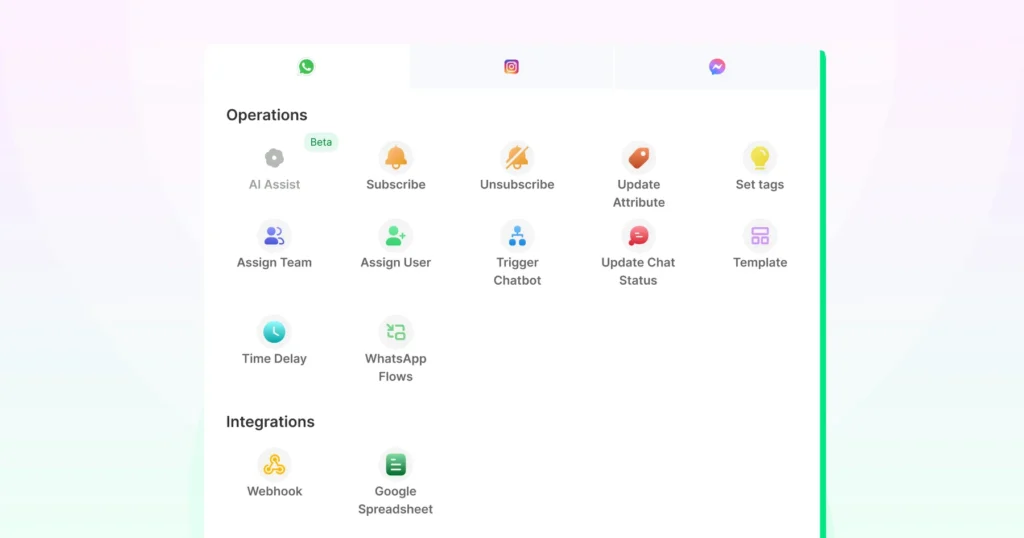 Operations and integrations options on the panel which users can choose from on the Wati dashboard