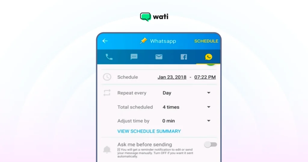 type out your message, attach images, videos and documents before setting date and time
