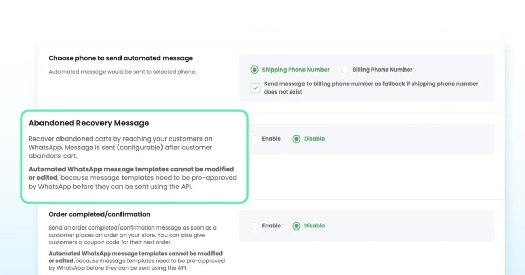 Wati dashboard automating abandoned cart recovery messages for Shopify customers through the WhatsApp Business API.