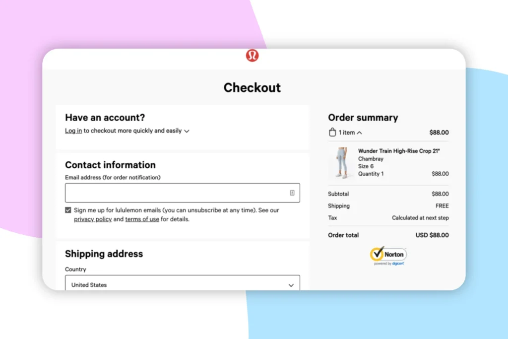 Una captura de pantalla que muestra cómo Lululemon colocó sutilmente un widget de texto que pregunta a sus clientes si han creado una cuenta o no.