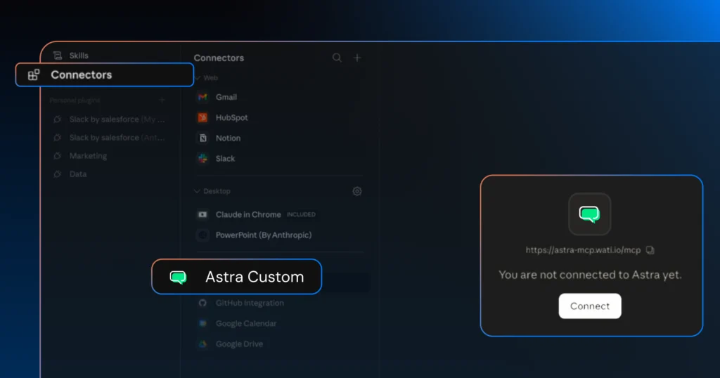 Selecting Astra Custom from Connectors option on Claude
