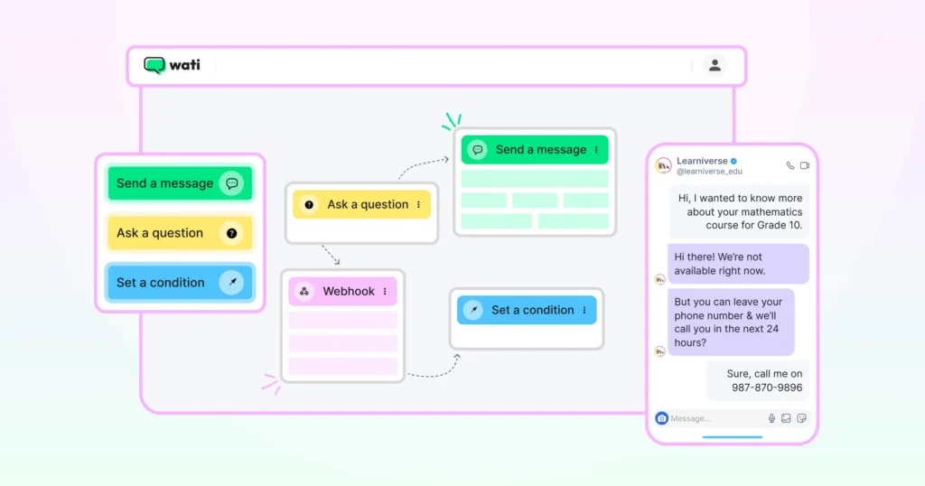 WhatsApp chatbot builder by Wati in action with drag and drop feature