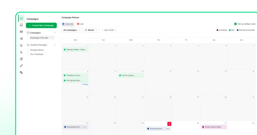 WhatsApp marketing campaign calendar inside the planner option on Wati