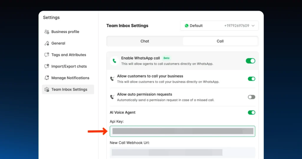 Getting API key from the AI voice agent in the team inbox section