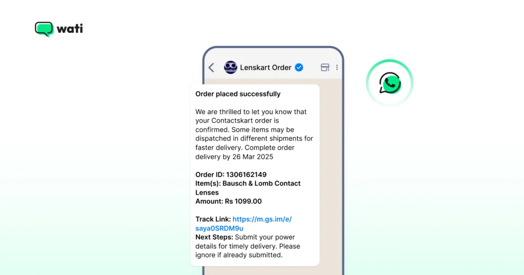 Order confirmation WhatsApp message from Lenskart