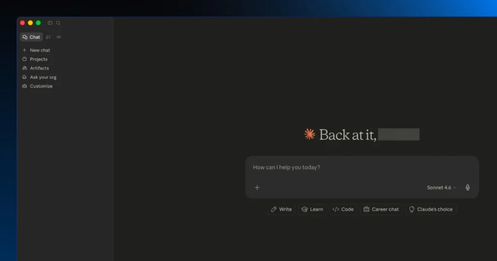 Claude homepage with options to add new chats, projects, and more