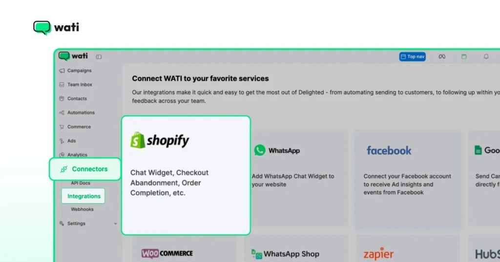 Choose Connectors and then Shopify in Integrations on the Wati platform