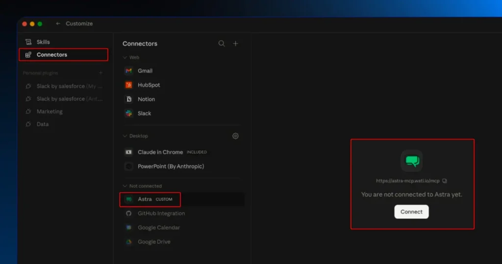 Click op Connect to authenticate Astra
