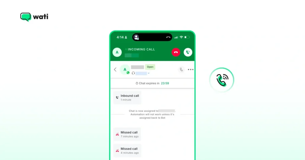 Full chat and call history appearing in the customer's WhatsApp chat window