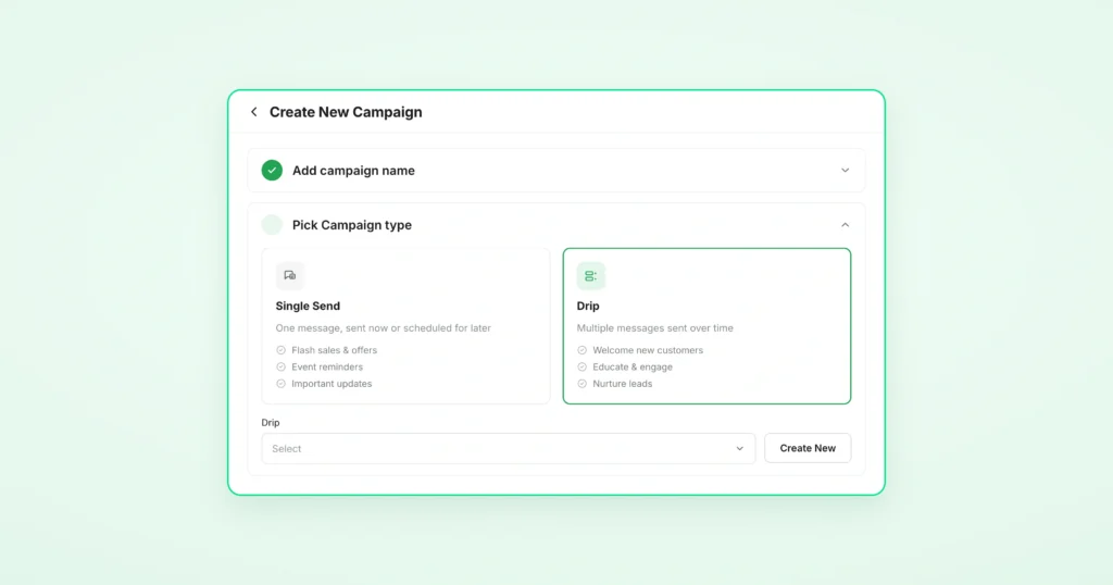 Create New Campaign dialog with Drip Campaign selected