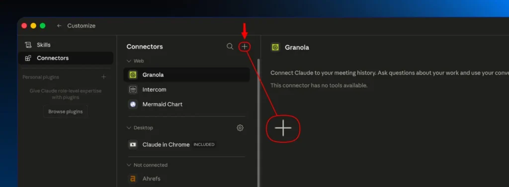 Use the plus symbol to add connectors on Claude