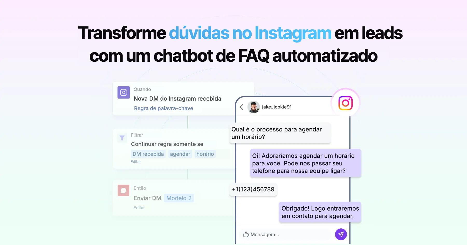 Interface da Wati e Instagram mostrando como criar um chatbot de FAQ automatizado