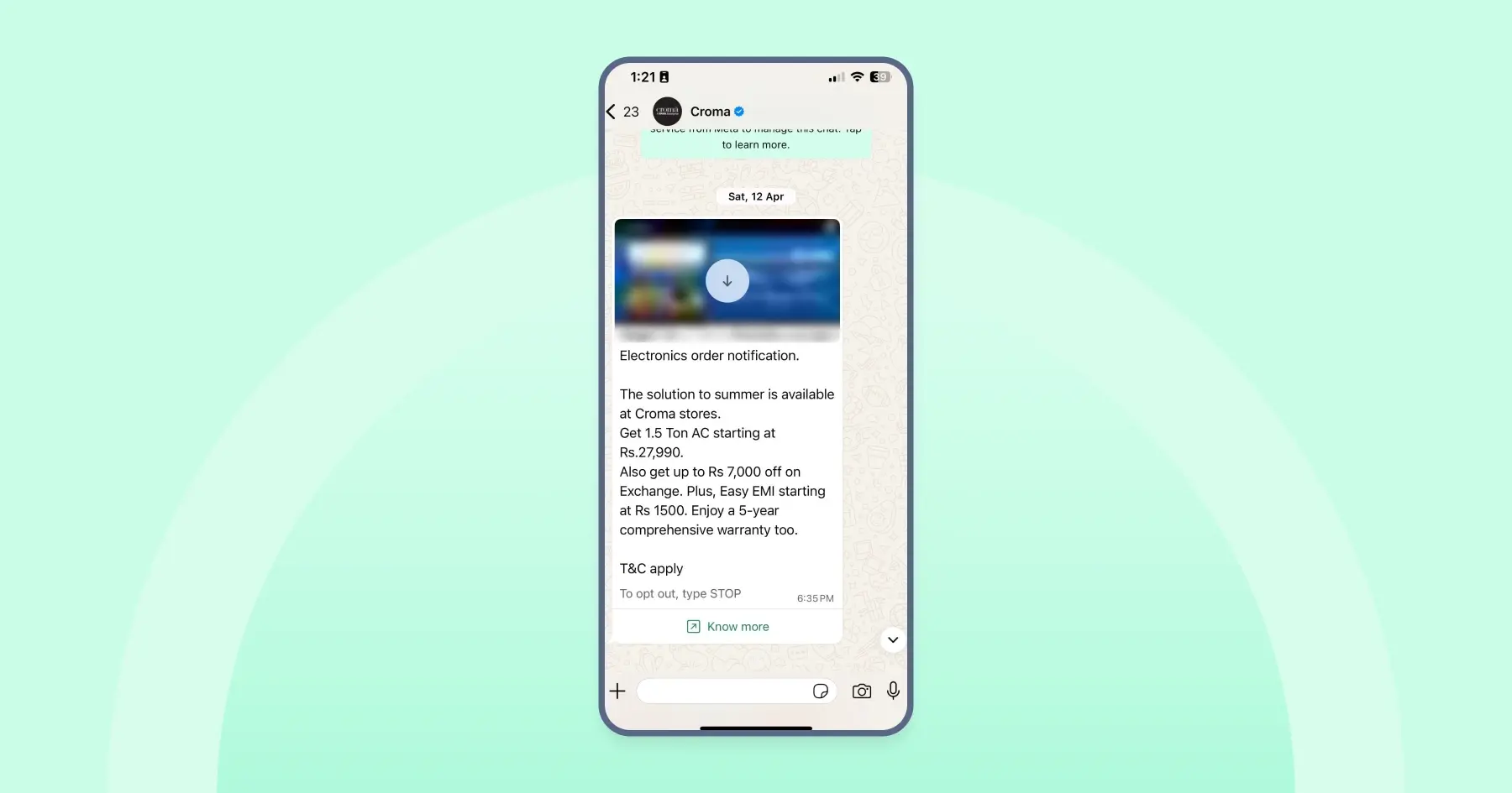 WhatsApp promotional message from Croma showing AC offer details with price, EMI, and opt-out option.