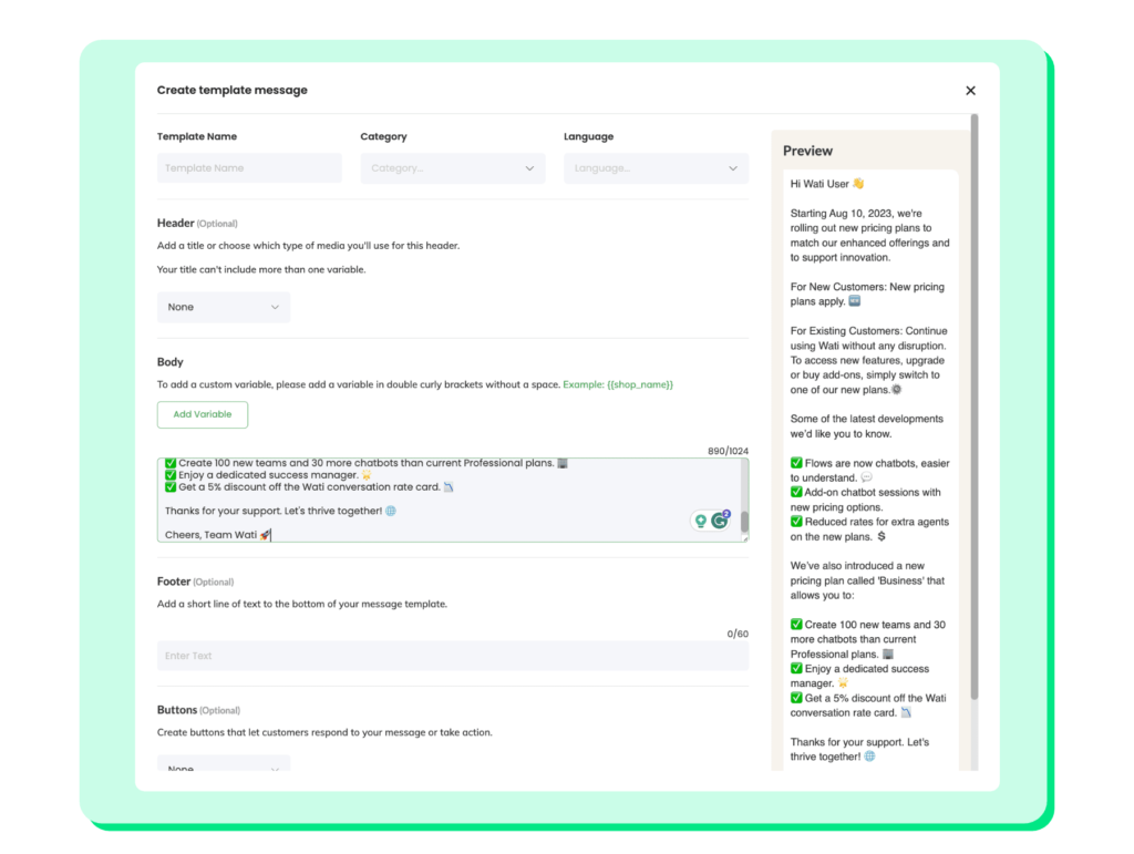 Wati dashboard showing how to create and preview WhatsApp template messages for bulk campaigns.