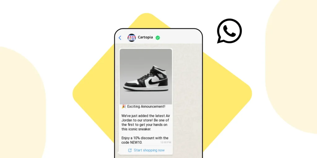 WhatsApp broadcast example showing sneaker promotion with discount code and shop now button.