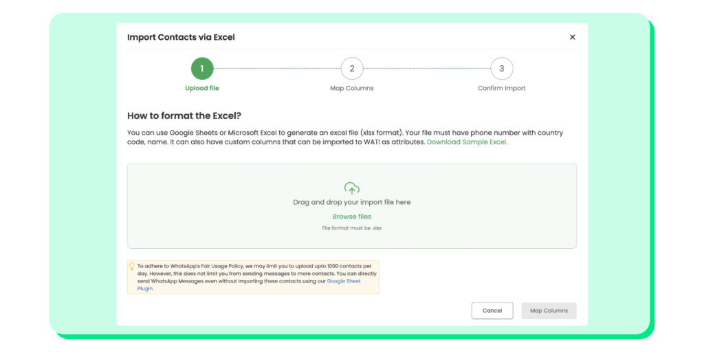 Wati dashboard showing how to import contacts via Excel to send bulk WhatsApp messages.