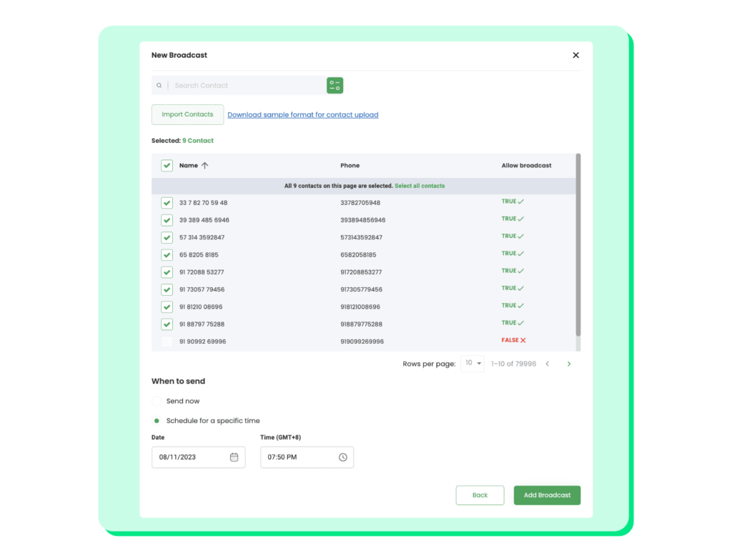 Wati dashboard showing how to select contacts and schedule a WhatsApp broadcast for bulk messaging.