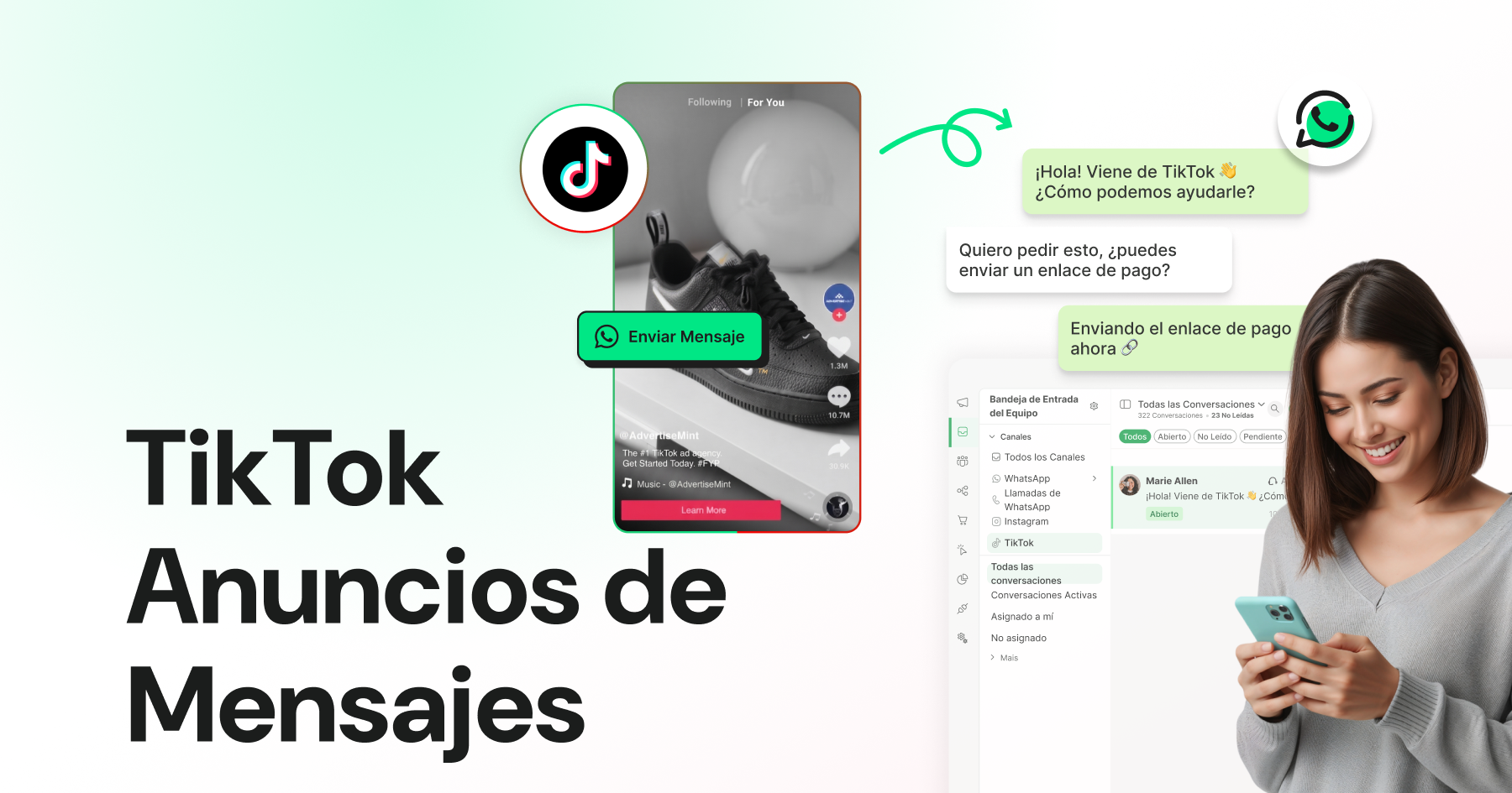 Ilustración de un anuncio de mensajería de TikTok que dirige a los usuarios a WhatsApp, donde una conversación automatizada ayuda al cliente a solicitar un enlace de pago, gestionado desde una bandeja de entrada unificada para el equipo.