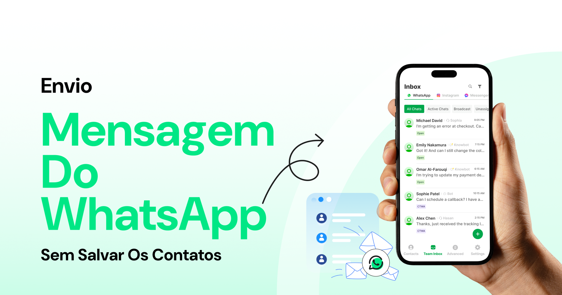 Mão segurando um celular com a caixa de entrada do WhatsApp, ilustrando o envio de mensagens sem precisar salvar o contato.