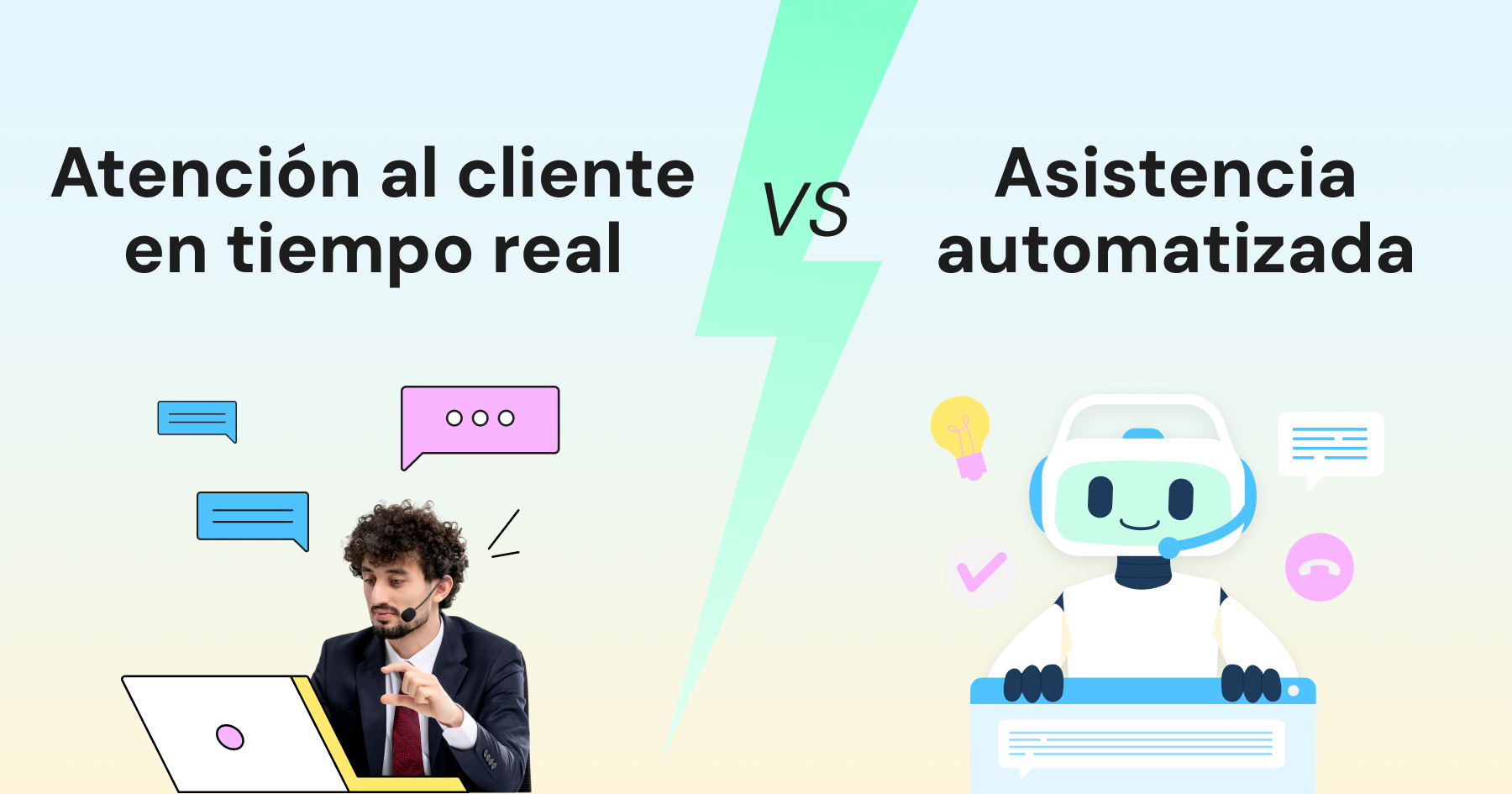 Comparación entre soporte al cliente en tiempo real, con agente humano, y soporte automatizado, representado por un chatbot con inteligencia artificial.