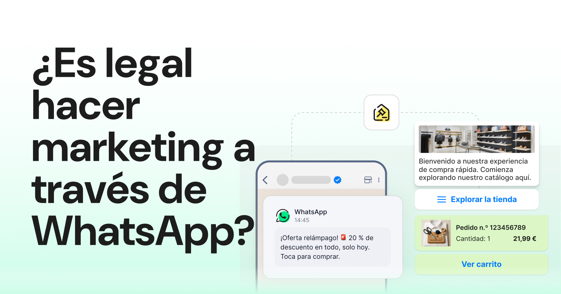 Ilustración sobre marketing por WhatsApp, con mensaje promocional, catálogo de productos y opciones de compra dentro de la aplicación.