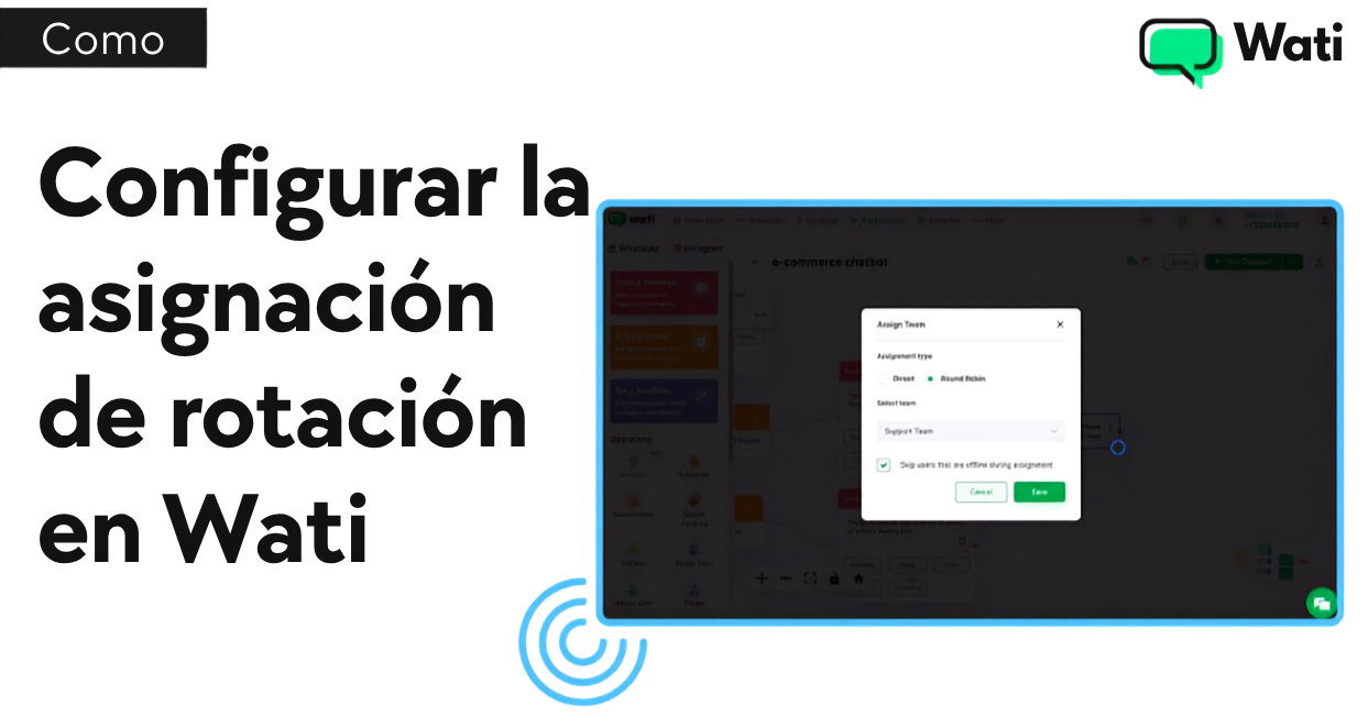 Pantalla de Wati que muestra la configuración de asignación Round Robin para distribuir conversaciones entre los miembros de un equipo.