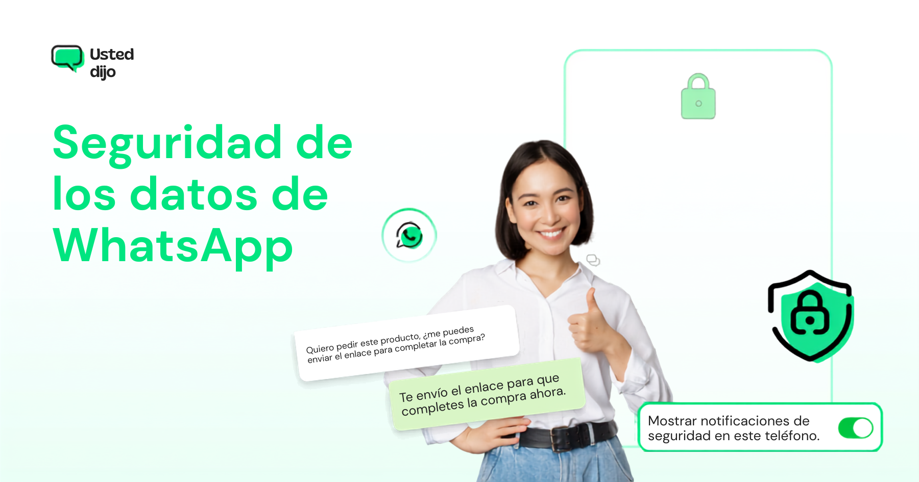 Mujer frente a elementos de seguridad digital y mensajes en WhatsApp, ilustrando la protección de datos y conversaciones en la plataforma.