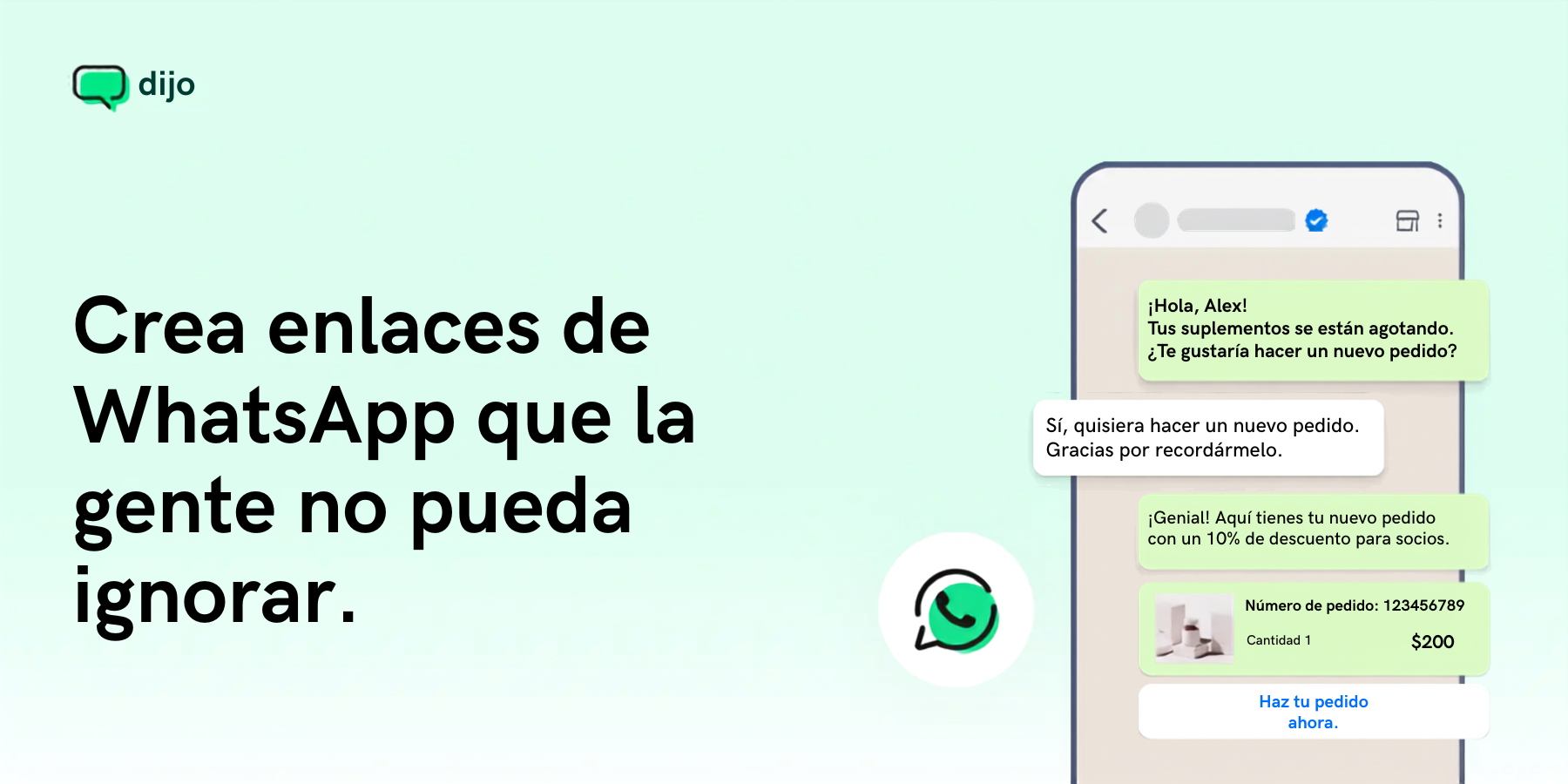Ilustración sobre la creación de enlaces de WhatsApp, con una conversación automatizada y un botón para realizar un pedido desde el celular.