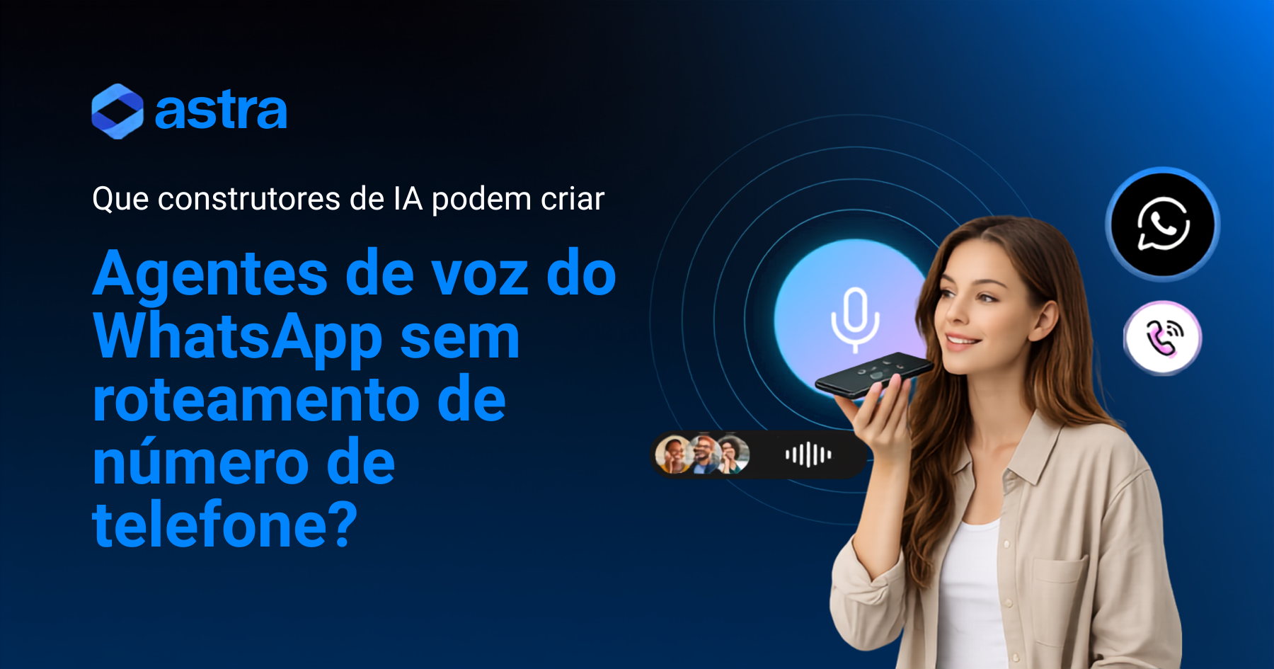 Mulher usando comando de voz no celular, com ícones do WhatsApp e chamada, ao lado do texto sobre agentes de voz do WhatsApp sem roteamento de número de telefone.