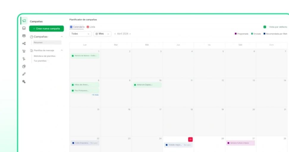 Calendario de campañas de marketing en WhatsApp en Wati