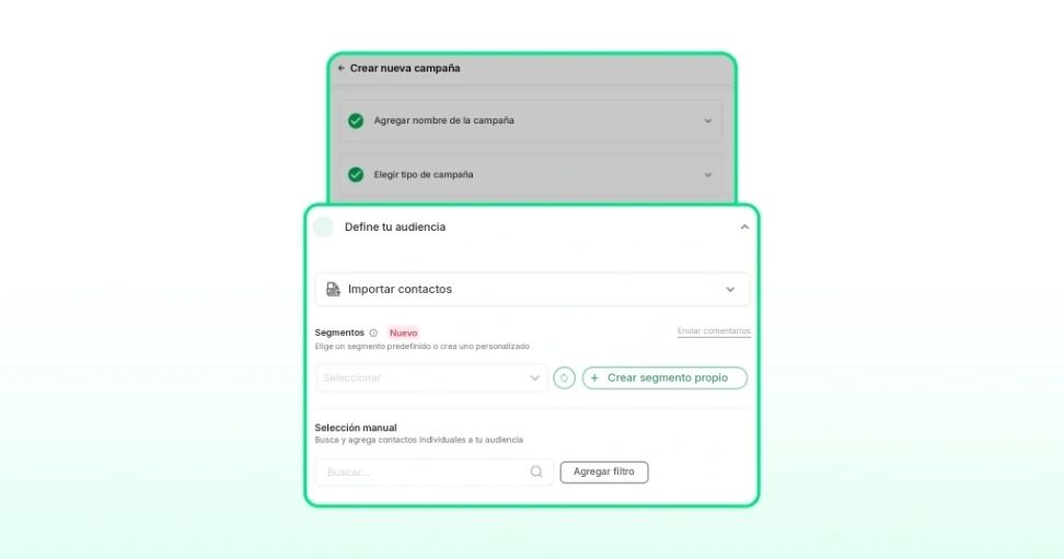 Definiendo audiencia e importando contactos para una campaña de broadcast