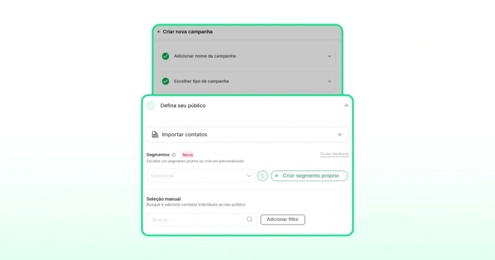Definindo audiência e importando contatos para uma campanha de broadcast