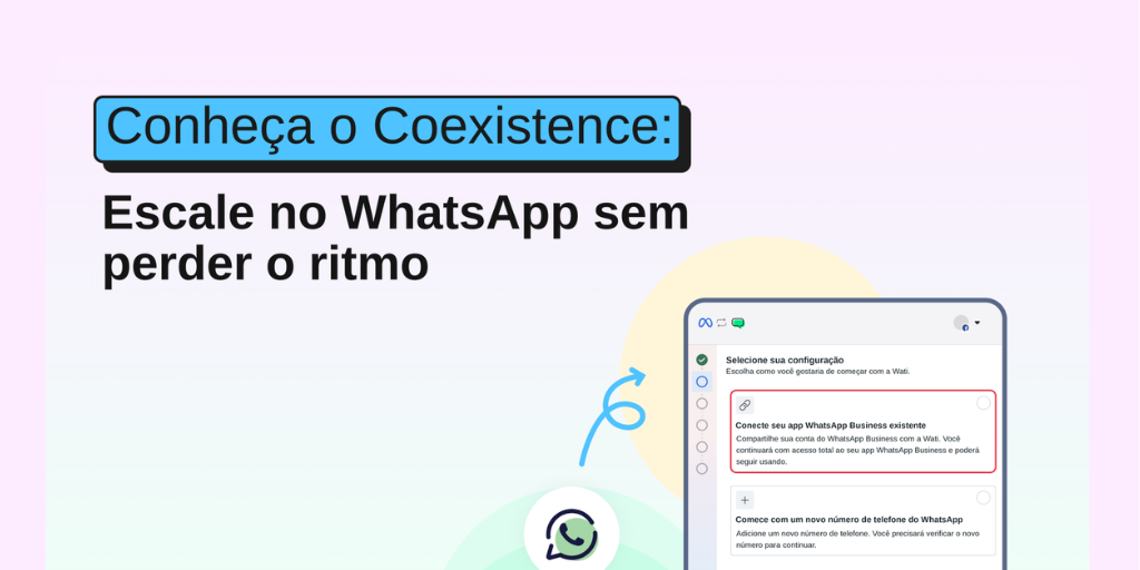 Ilustración de la función WhatsApp Coexistence, que muestra la opción de conectar una cuenta existente de WhatsApp Business a la plataforma Wati.