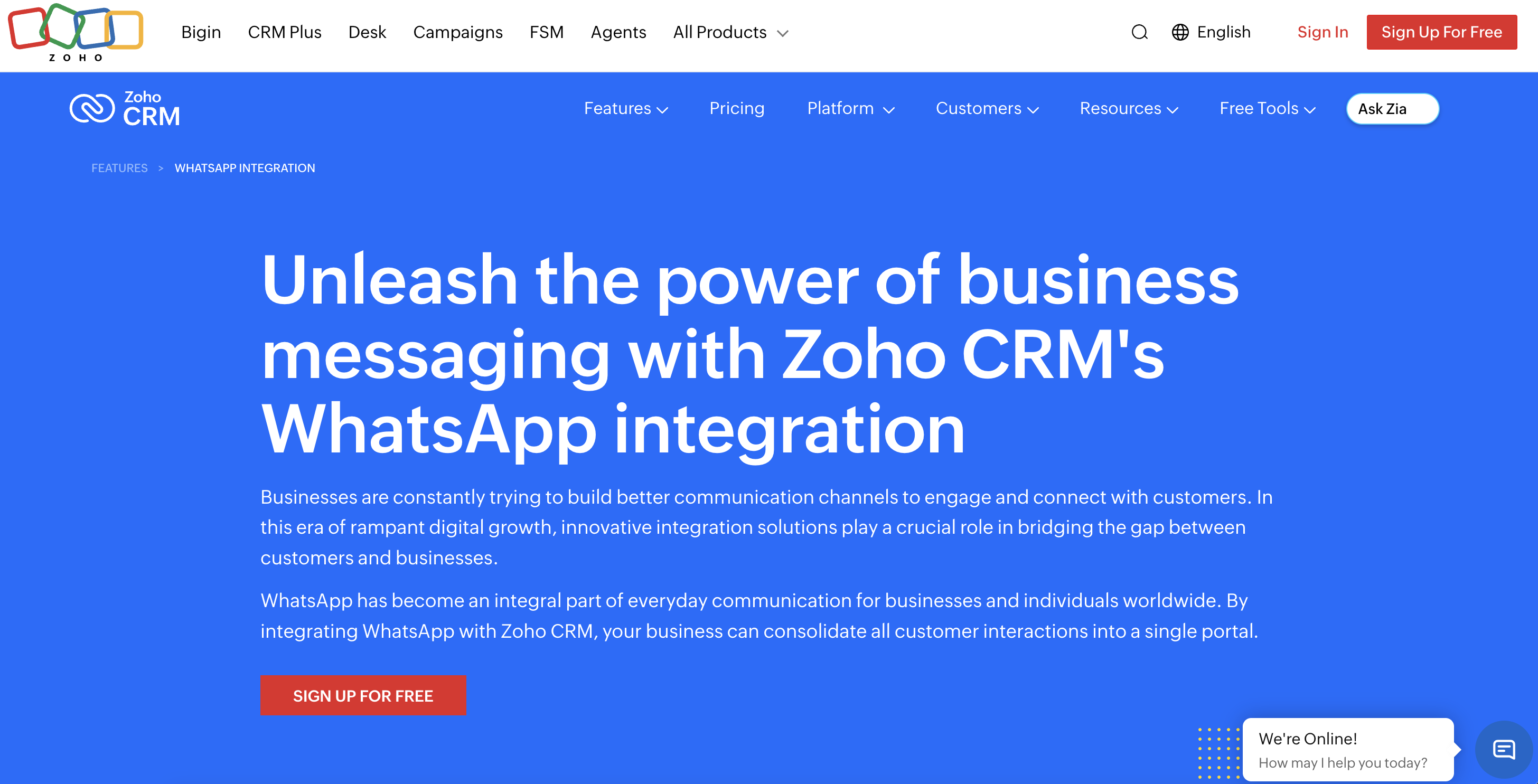 Zoho CRM's homepage with WhatsApp integration option