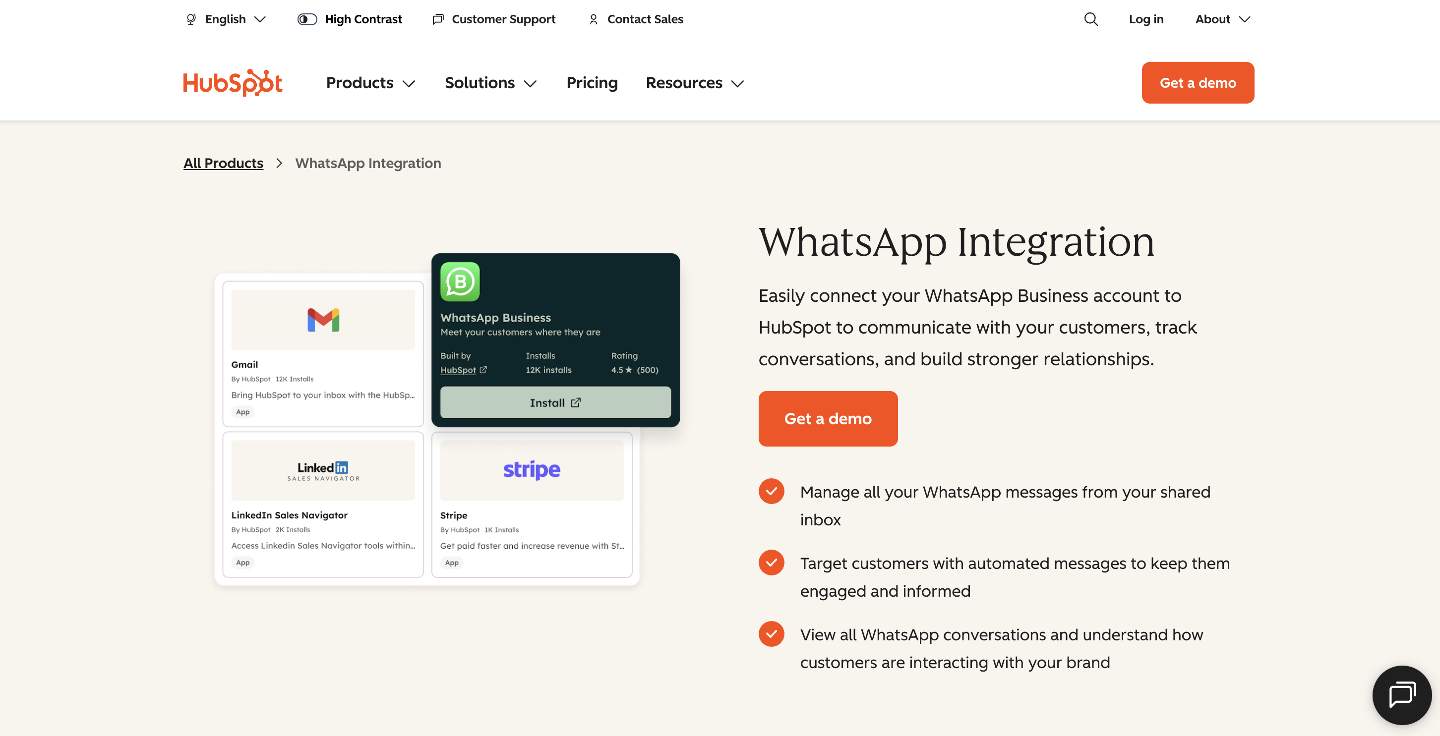 HubSpot WhatsApp CRM integration features page